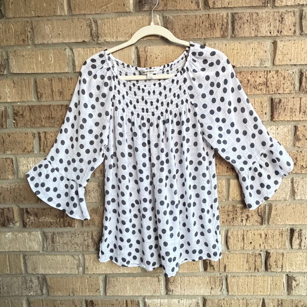 White Black Polka Dot Smocked Peasant Blouse Womens Small Boho Ruffle Sleeve - Picture 2 of 9